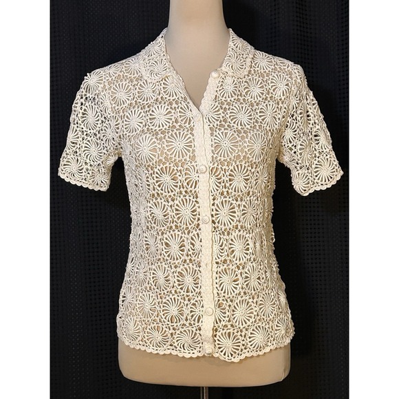 The Unbranded Brand Tops - Vintage Crochet Lace Cream Romantic Boho Short Sleeve Button UP Sheer Top Blouse